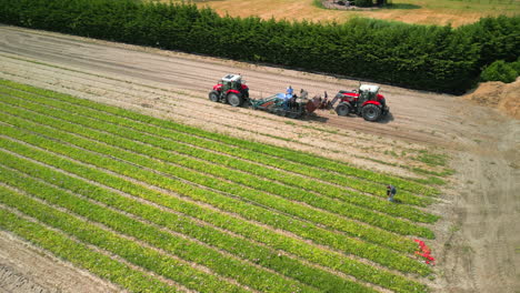 Aerial-footage-over-a-field-with-farming-equipment-and-farmers-harvesting-crops