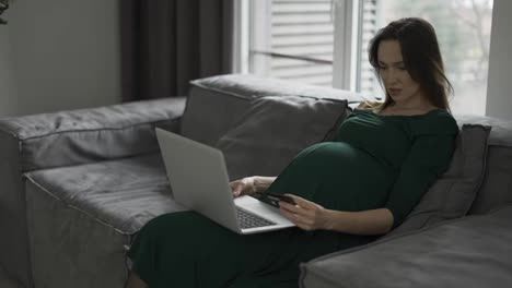 Mujer-Embarazada-Que-Usa-Tarjeta-De-Crédito-Para-Comprar-En-Línea-En-Casa