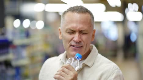 Portrait-of-a-middle-aged-man-who-sings-using-a-bottle-as-a-microphone.-Grocery-store-atmosphere.-The-concept-of-a-comic-action