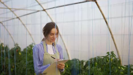 Young-woman-farmer-in-indoor-greenhouse,-accounting-using-tablet
