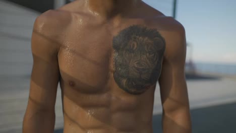 Sweat-athlete-man-with-lion-tattoo,-fit-cross-concept