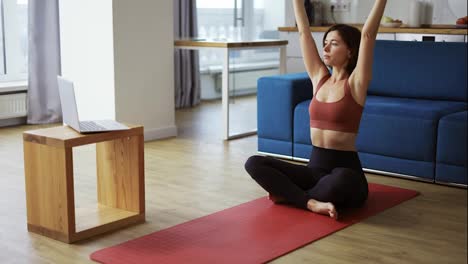 Woman-practicing-yoga-with-trainer-via-video-conference---warming-up-hands