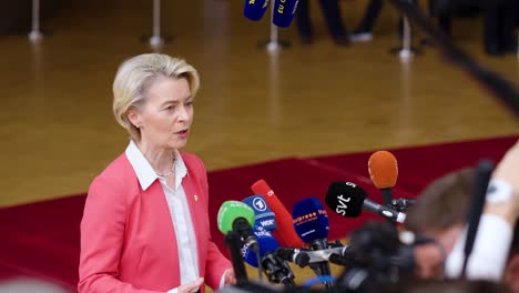 President-of-the-European-Commission-Ursula-von-der-Leyen-talking-to-the-press-during-the-European-Council-summit-in-Brussels,-Belgium---Slow-motion-shot