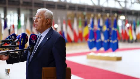 Cinematic-slow-motion-shot-of-Portuguese-Prime-Minister-Antonio-Costa-at-the-EU-Council-summit-in-Brussels,-Belgium