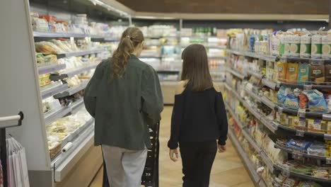 Teen-girl-and-her-mom-shopping-in-the-supermarket-with-cart,-rear-view