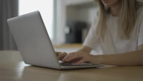 Mujer-Concentrada-Escribiendo-En-Una-Computadora-Portátil-En-Casa