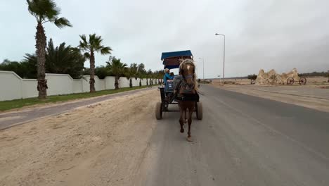 Reverse-tracking-shot-of-harnessed-horse-pulling-carriage-with-tourists-for-tour-through-Djerba-streets-in-Tunisia