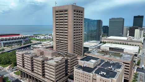 Cleveland-OH-USA,-Aerial-View-of-Cuyahoga-County-Court-House-and-Civic-Center-Buildings,-Drone-Shot