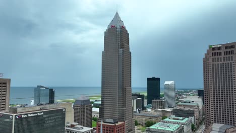 Drone-Shot-of-Key-Tower,-Tallest-Skyscraper-and-Landmark-of-Downtown-Cleveland,-Ohio-USA