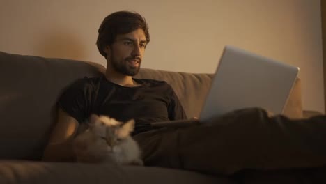 Mann-Arbeitet-Zu-Hause-An-Einem-Laptop,-Während-Er-Auf-Der-Couch-Sitzt-Und-Eine-Katze-Streichelt