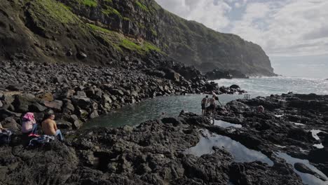 Tourists-at-Hot-Spring-Natural-Pool,-São-Miguel,-Azores