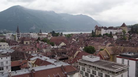 Beautiful-City-Buildings-of-Old-Town,-Annecy---Aerial-Cityscape