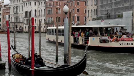 Venice-Waterbus-Sailing-Past-Moored-Gondola-On-The-Grand-Canal-In-Venice
