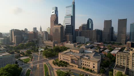 Philadelphia-rising-skyline-drone-long-shot-summer-sunny-golden-hour-morning