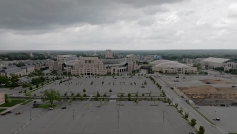 University-of-Notre-Dame-campus-and-Notre-Dame-Stadium-in-South-Bend,-Indiana-with-drone-video-moving-in