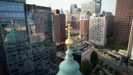 Catholic-Basilica-Philadelphia-Crucifix-on-dome-drone-tight-spin-around-with-lens-flare