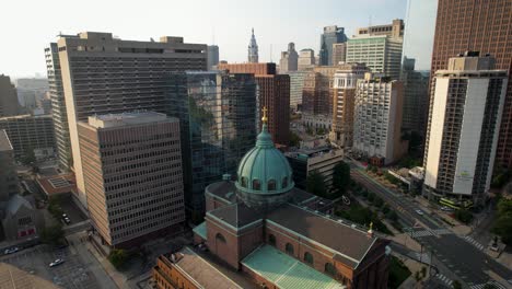 Catholic-Basilica-church-Philadelphia-descending-and-turning-drone-shot-summer-sunny-golden-hour-morning