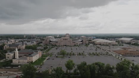 University-of-Notre-Dame-campus-and-Notre-Dame-Stadium-in-South-Bend,-Indiana-with-drone-video-moving-left-to-right