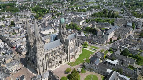 point-of-view-Bayeux-Cathedral,-France-drone,aerial