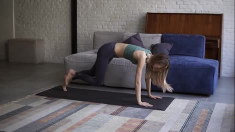 Young-woman-making-plank-flexing-legs-exercise-in-dynamic-at-home,-side-view