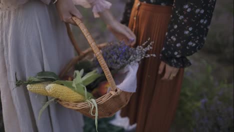 Two-unrecognizable-women-standing-among-lavender-field-with-basket-of-food-and-flowers