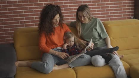 Young-women-read-a-book-together-to-a-small-preschool-girl-on-sofa