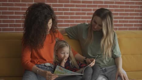 Close-up-of-young-women-read-a-book-together-to-a-small-preschool-girl-on-sofa