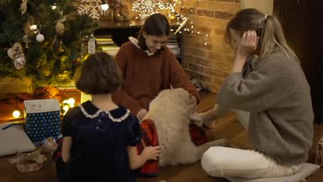Mother-and-daughters-playing-with-golden-retriever-on-the-floor-on-christmas-eve
