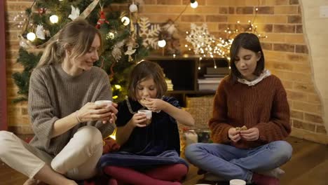 Mother-and-little-daughters-drinking-cocoa-with-cookies-on-the-floor-on-Christmas-eve-at-home