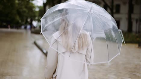 Seltene-Ansicht-Einer-Frau,-Die-An-Einem-Regnerischen-Tag-Mit-Einem-Transparenten-Regenschirm-Läuft
