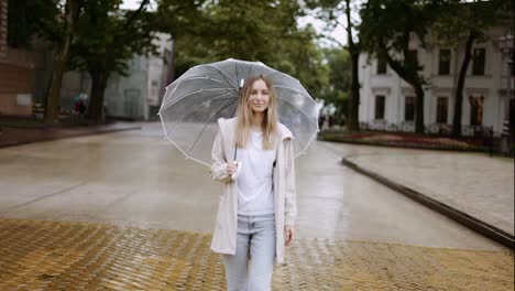 Schöne-Frau-Geht-An-Einem-Regnerischen-Tag-Mit-Einem-Transparenten-Regenschirm-Spazieren