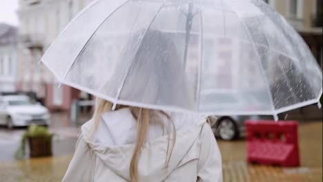 Seltene-Ansicht-Einer-Frau,-Die-Mit-Einem-Transparenten-Regenschirm-An-Einem-Regnerischen-Tag-Durch-Die-Stadt-Geht