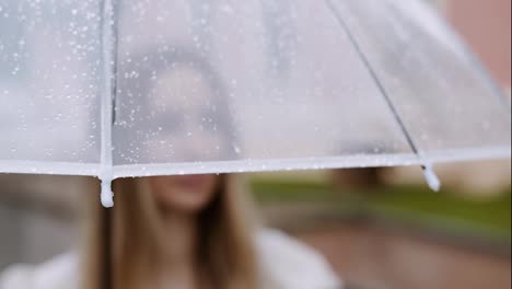 Porträt-Einer-Verschwommenen-Frau,-Die-Unter-Einem-Transparenten-Regenschirm-Steht