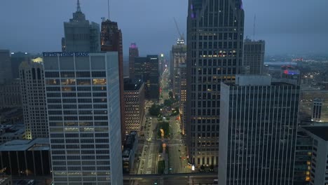 High-aerial-shot-of-downtown-Detroit-at-night