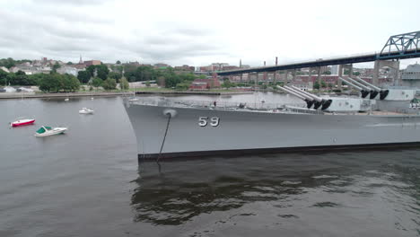 Aerial-ascending-video-of-USS-Massachusettes-from-front-numbers-in-Fall-River-MA