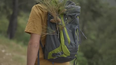 Hipster-with-man-tourist-backpack-green-pine-trees-walks-alone
