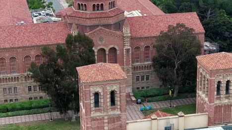 UCLA-campus,-University-of-California-Los-Angeles,-isolated-Instructional-Media-building-aerial-orbit