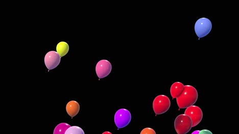 beautiful-colorful-shiny-balloons-spinning,-and-flying-up-and-right-on-black-background-3D-animation