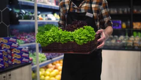 Seller-man-in-apron-in-supermarket-walking-by-vegetables-aisle-with-box-of-fresh-greens-to-arrange.-Caucasian-worker-in-local-supermarket-holding-box-of-greens.-Close-up.-Slow-motion