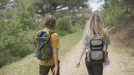 A-happy-couple-backpackers-walking-by-forest-path-and-talking,-rear-view