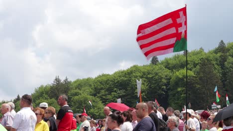Person-holding-historical-flag-of-Hungarian-Kingdom-at-Csiksomlyo-Pilgrimage