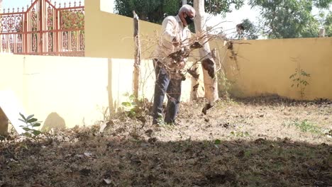 An-elderly-man-is-removing-the-growing-garbage-in-the-temple-premises-with-the-help-of-his-hands