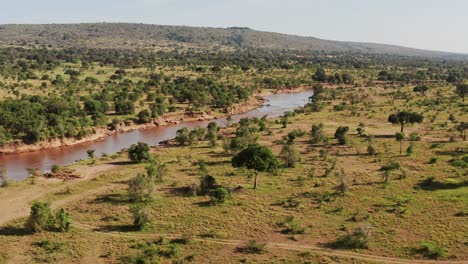 Toma-Aérea-De-Drones-Del-Paisaje-Del-Río-Maasai-Mara-En-La-Reserva-Nacional-De-Masai-Mara-En-Kenia,-Hermosa-África-Desde-Arriba-Con-árboles-Verdes-Y-Exuberante-Vegetación
