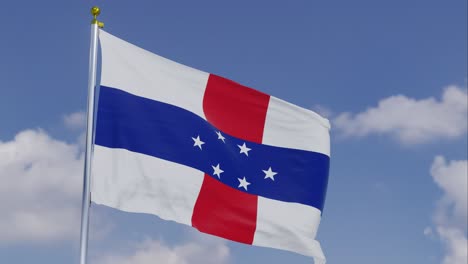 Bandera-De-Los-Países-Bajos-Del-Caribe-Moviéndose-En-El-Viento-Con-Un-Cielo-Azul-Claro-En-El-Fondo,-Nubes-Moviéndose-Lentamente,-Asta-De-Bandera,-Cámara-Lenta