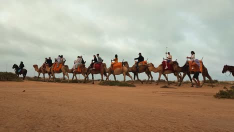 Seitliche-Aufnahme-Einer-Reihe-Von-Pferden-Und-Dromedar-Kamelkarawanen-Mit-Touristen,-Die-Zu-Pferd-Durch-Die-Wüste-In-Tunesien-Reiten