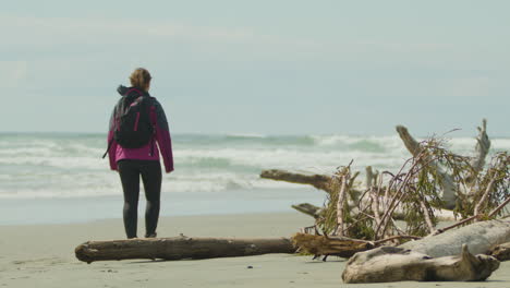 Rear-Shot-of-Adventurous-Woman-on-the-Beach-Walking-Next-To-Driftwood