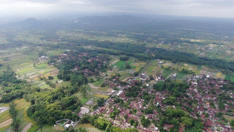Indonesia-town-rooftops-near-rice-fields,-aerial-drone-view