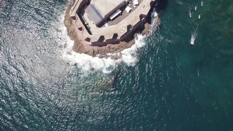 Aerial-flyover-of-fort-of-the-berlengas,-beautiful-clear-waters,-rugged-landscape