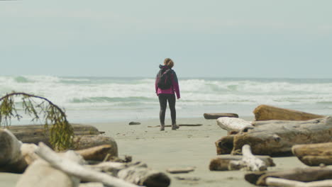 Unrecognizable-Woman-Walking-Between-Washed-Up-Driftwood-on-a-Beach-in-Canada