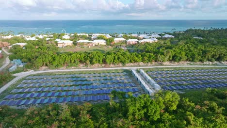 Solar-panels-with-sea-in-background-powering-hotels-of-Punta-Cana,-Dominican-Republic